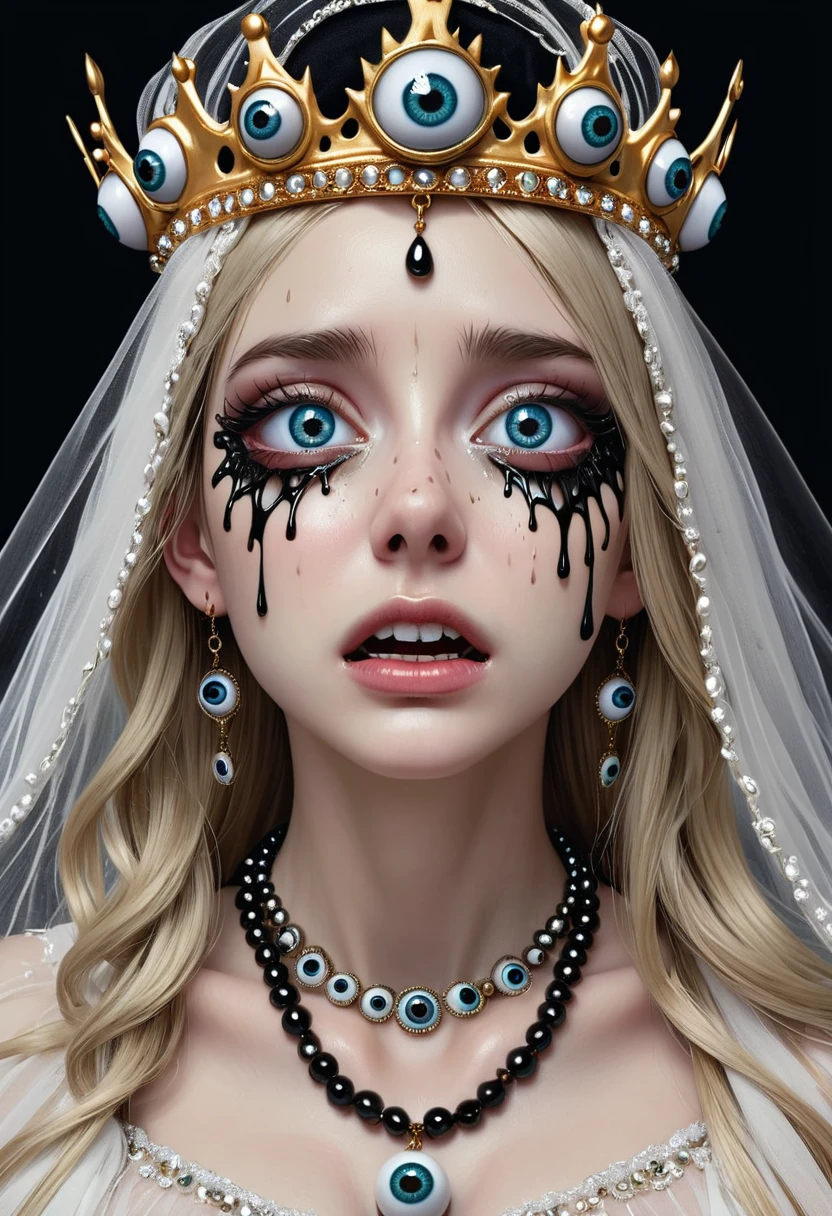 Grotesque Aesthetics：Girl with extra eyes，Tears，There are many eyeballs growing on the skin of the face，Eyeball Necklace，Eyeball Crown，Realistic eyeballs，teeth，Distorted face， Solitary，black background，crown，veil，hand，3D eye bead necklace，
