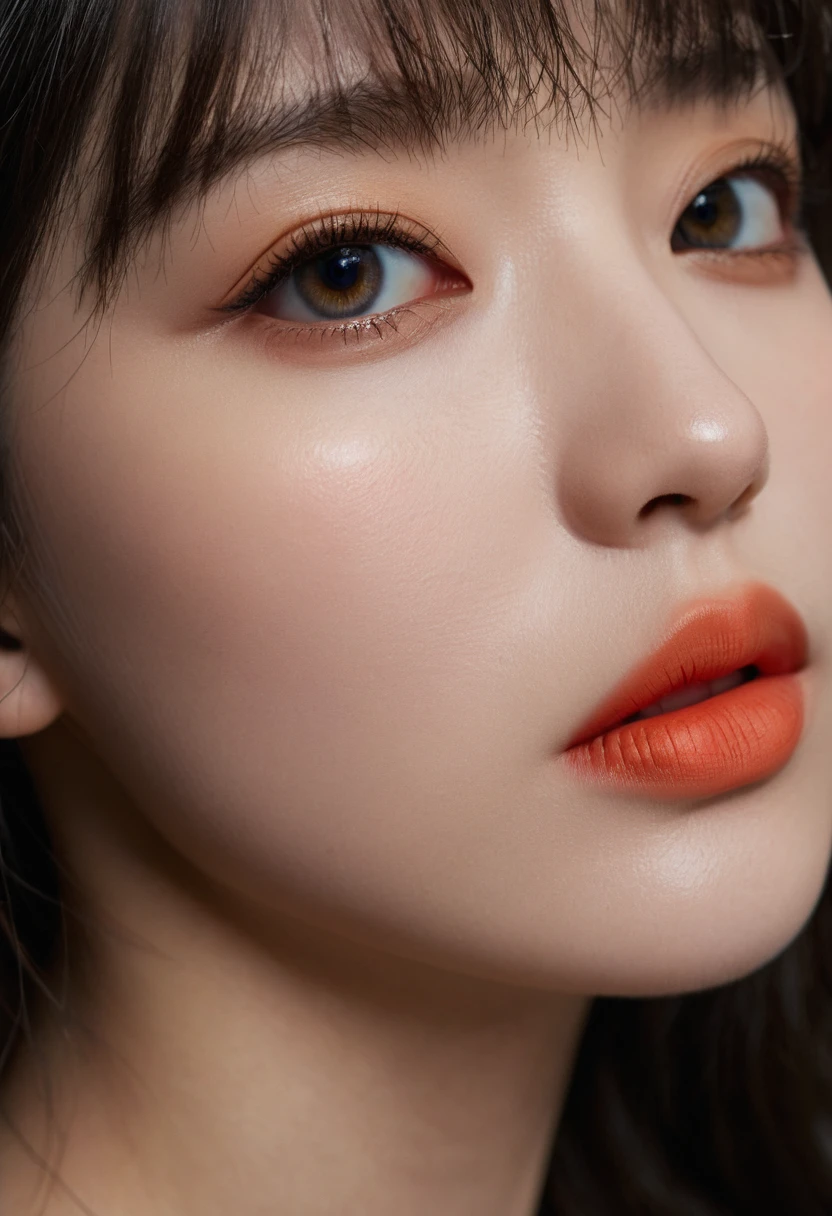 8K, best quality, 1 Girl, (Skin Indentation), night, (dark), Indoor clear background, (people), Beautiful bangs, Gorgeous,, (Clothing and:1.3),Soft lighting, attractive, dark Room, (mouth close:1.2, beautiful eyes, Delicate eyes, Detailed iris, Beautiful lips, Beautiful nose, Pretty Face),(primary color:1.5)