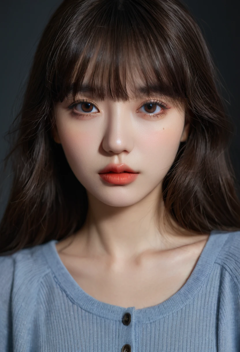 8K, best quality, 1 Girl, (Skin Indentation), night, (dark), Indoor clear background, (people), Beautiful bangs, Gorgeous,, (Clothing and:1.3),Soft lighting, attractive, dark Room, (mouth close:1.2, beautiful eyes, Delicate eyes, Detailed iris, Beautiful lips, Beautiful nose, Pretty Face),(primary color:1.5)