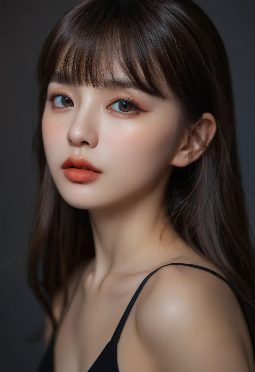 8K, best quality, 1 Girl, (Skin Indentation), night, (dark), Indoor clear background, (people), Beautiful bangs, Gorgeous,, (Clothing and:1.3),Soft lighting, attractive, dark Room, (mouth close:1.2, beautiful eyes, Delicate eyes, Detailed iris, Beautiful lips, Beautiful nose, Pretty Face),(primary color:1.5)