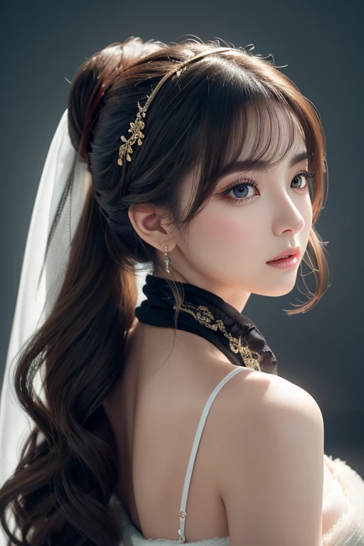 masterpiece、Highest quality、8k、ponytail、Attractive beautiful large almond-shaped eyes、Big black eyes、Long eyelashes、美しい桜colorの唇、A high, well-defined nose、color々Hairstyle、美しく輝くcolor々な髪color、((Realistic:1.3))、Cinematic lighting、Challenging eyes、Bold composition、Detailed face on the market、Detailed、Golden Ratio Face、Ultra-high resolution、Beautifully detailed and realistic white skin、Beautiful woman looking back、Scarf wrapped around head