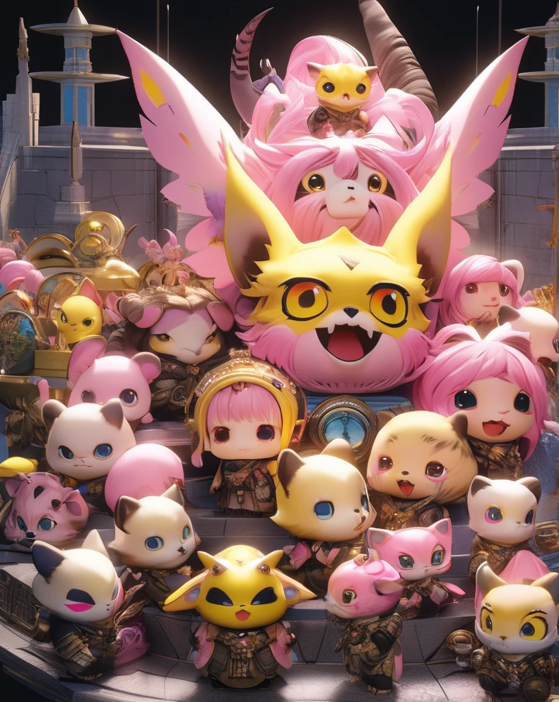 Cute furry monsters by Rory Greasley and Takeshi Obata,Big eyeouth、 The desire to attain enlightenment, It has small wings、Nirvana, Pink and yellow, Oil paints, Familiar, Realistic, 8k er, high quality、The most information、masterpiece、Detailed text、最高masterpiece