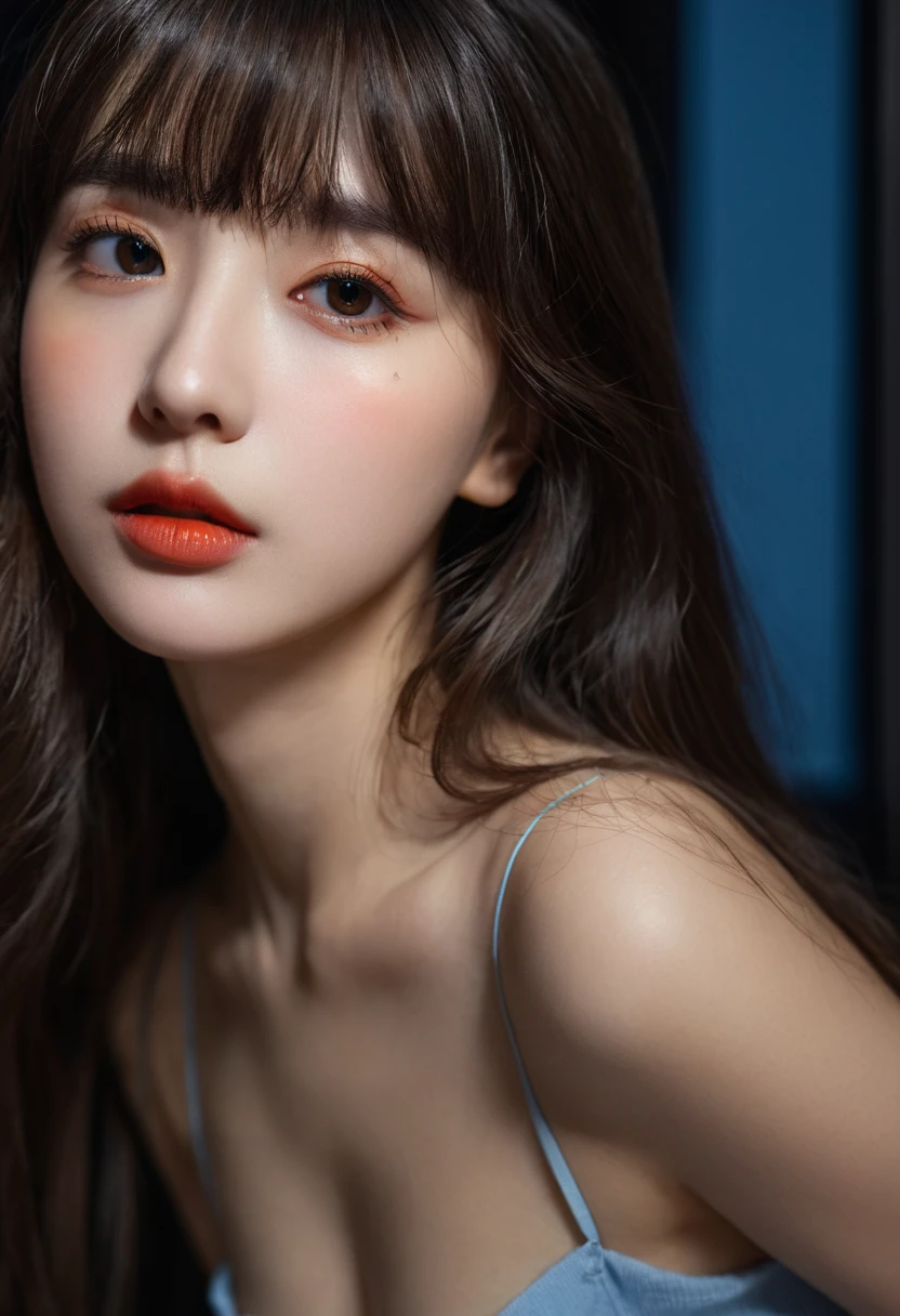 8K, best quality, 1 Girl, (Skin Indentation), night, (dark), Indoor clear background, (people), Beautiful bangs, Gorgeous,, (Clothing and:1.3),Soft lighting, attractive, dark Room, (mouth close:1.2, beautiful eyes, Delicate eyes, Detailed iris, Beautiful lips, Beautiful nose, Pretty Face),(primary color:1.5)
