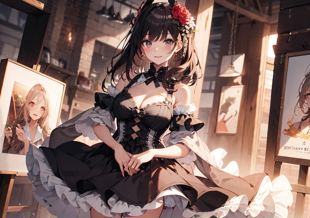 Realistic photos, Focus distance 10mm, Red and white, A big smile, Beautiful girl, Realistic photos, Focus distance 10mmで撮影, masterpiece, 最high quality, high quality, Very detailed CG 8k wallpaper unit, Award-winning photography, Depth of written boundary, High resolution, bloom, chromatic aberration, Realistic, Very detailed, Art Station Trends, CGsociety Trends, Complex, High detail, dramatic, Art on the go, volumetric lighting, A beautiful girl who is the personification of chocolate cake。She has chocolate-colored hair and a decorated dress.