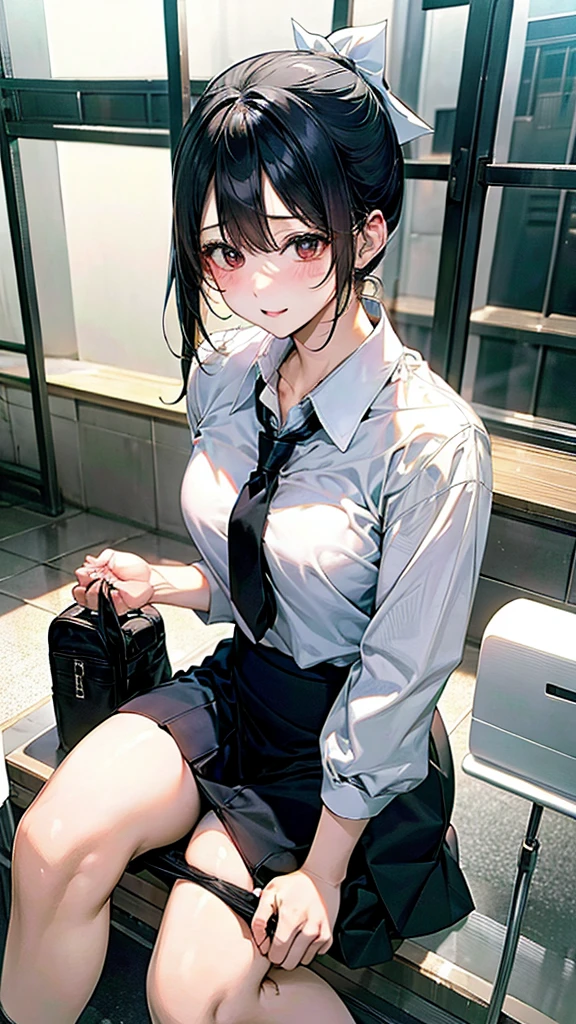 sit、station、White shirt、Black Skirt、School、Group photo、:1.5,ponytail、Harem、 drop