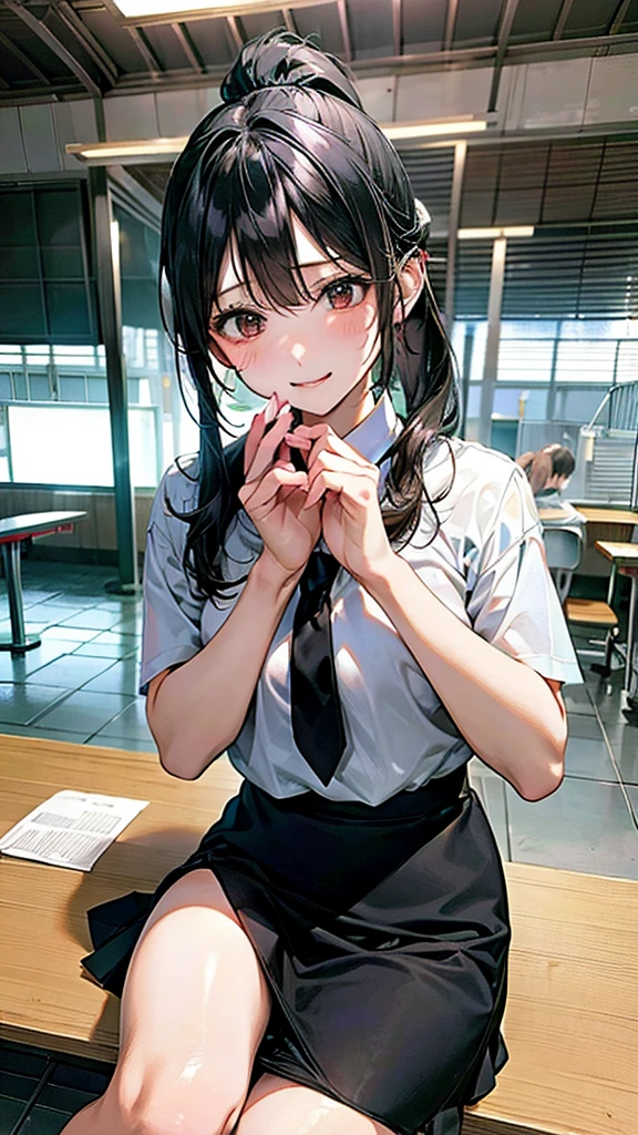 sit、station、White shirt、Black Skirt、School、Group photo、:1.5,ponytail、Harem、panty drop