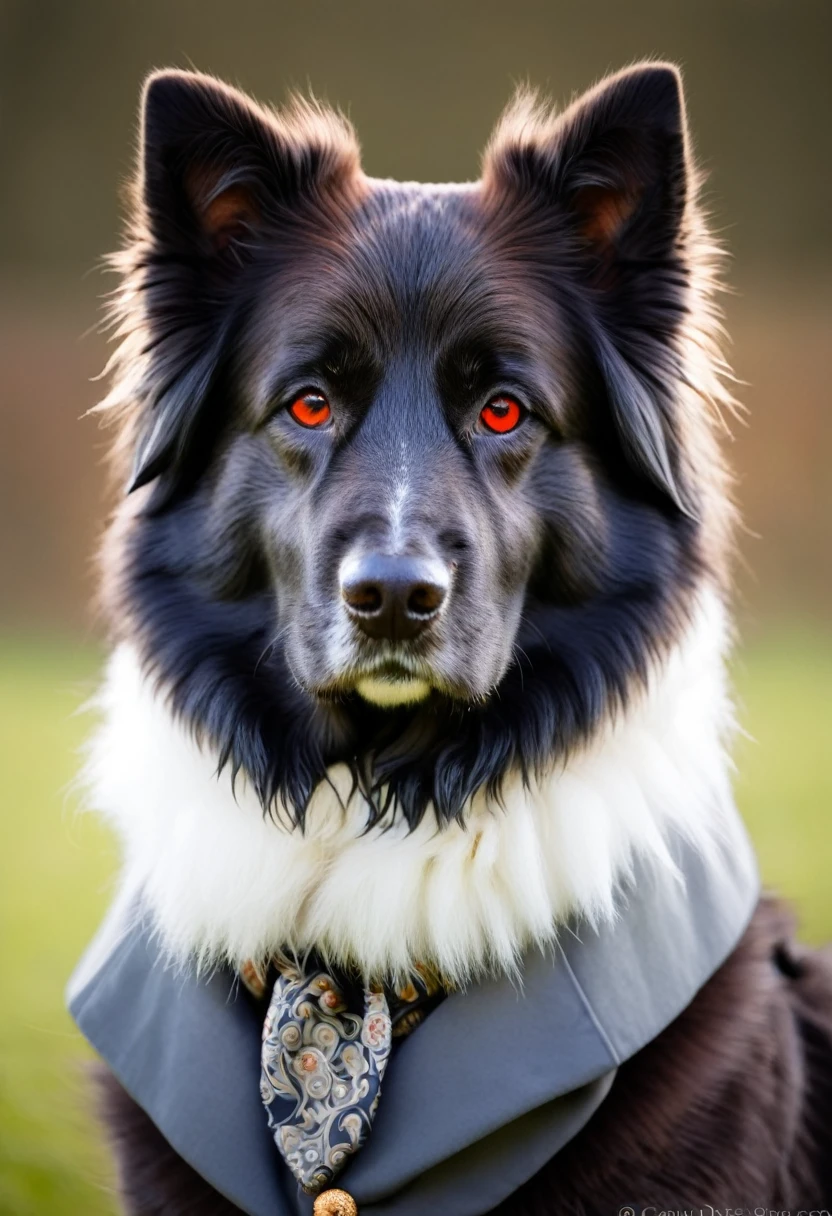 Caucasian Shepherd dog, with grey-red hair, wearing elegant 18th century Count's clothes, sunglasses, rich fur collar. Deep black colour