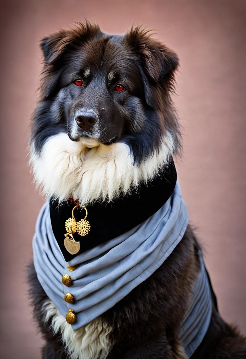 Caucasian Shepherd dog, with grey-red hair, wearing elegant 18th century Count's clothes, sunglasses, rich fur collar. Deep black colour