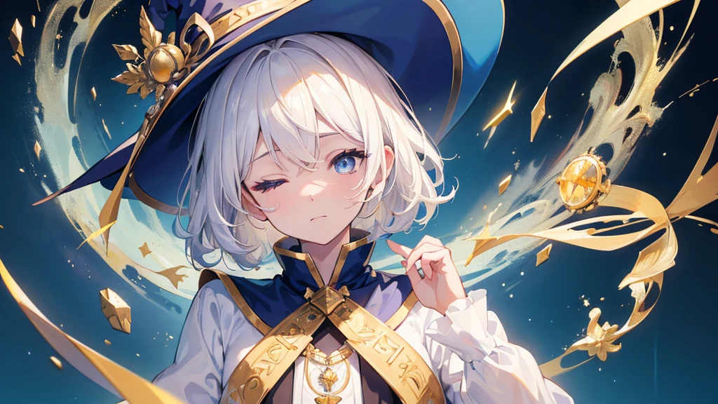 (Highest quality)　(4K)　(8k)　(High resolution)　(masterpiece:1.2)　(Super detailed)　One boy　short hair　witch　The right eye is blue and the left eye is yellow　Long sleeve　Golden decoration　Hair between the eyes　Closed Mouth　White Dress　Wavy white hair　Upper Body　Blue hat　Golden Background　Embarrassed　Being spoiled　(Looking up)　(Cast a spell)