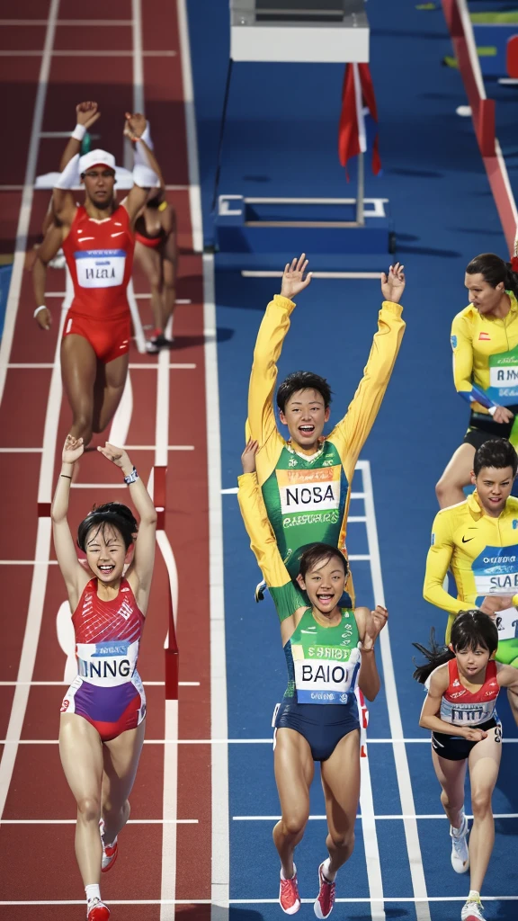 It depicts a close race just before the finish line at the Olympic Games.。