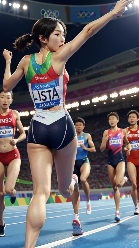 It depicts a close race just before the finish line at the Olympic Games.。