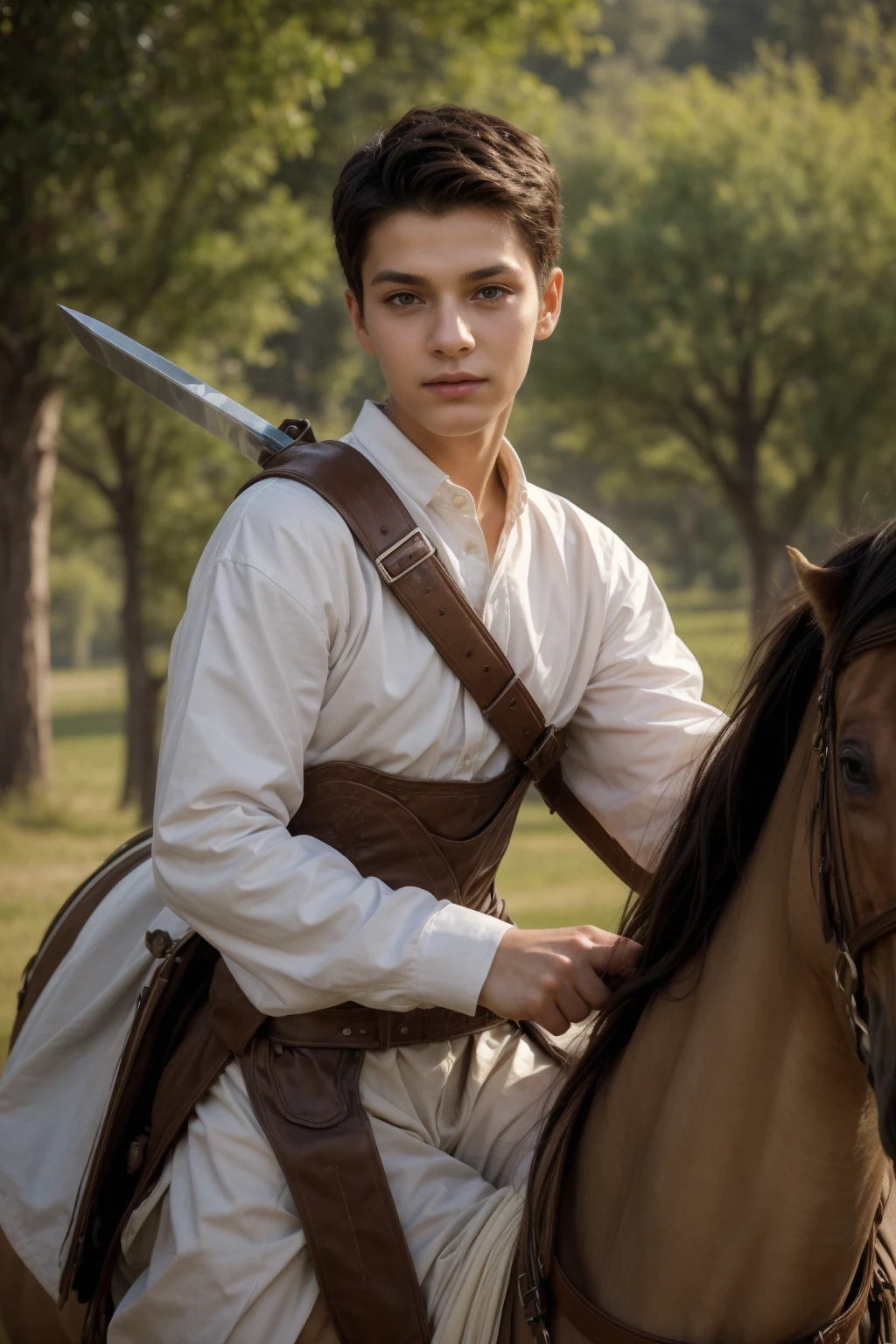A cute twink male with a make-up face and black hair. He is wearing a white long-sleeved shirt and brown pants. He is riding a horse and looks proudly on the battlefield with a drawn sword in his hand.
