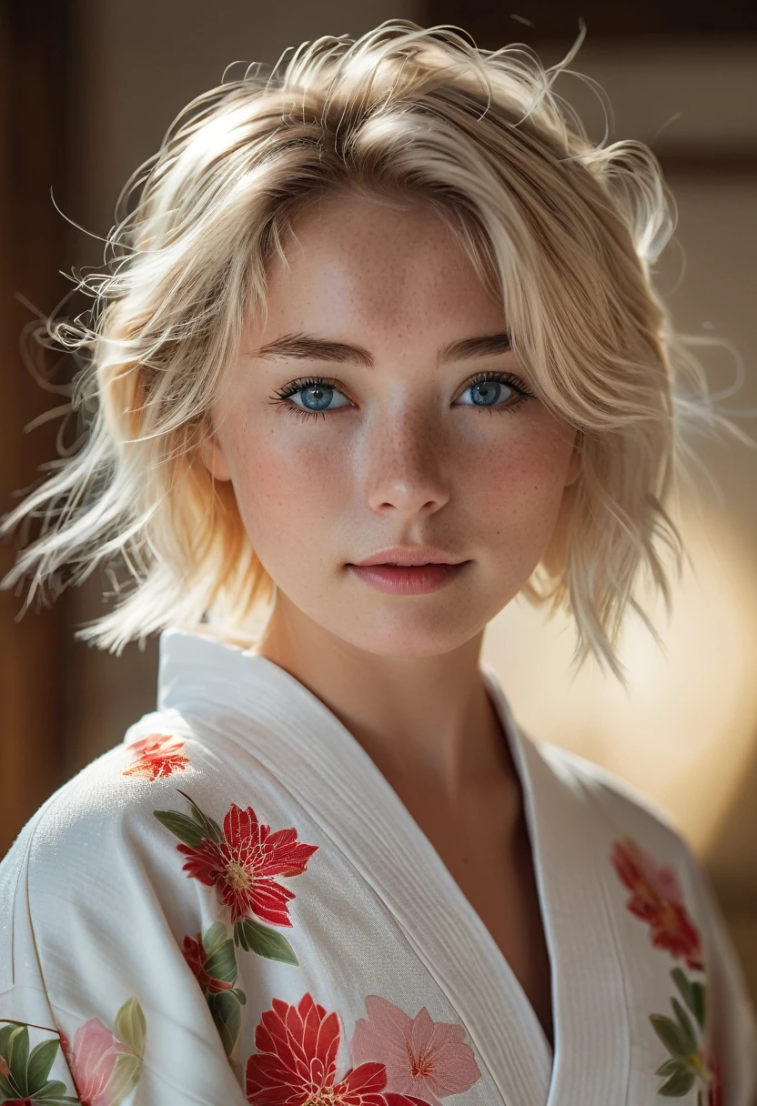 1girl in, age22, Solo, short blond hair, looking at the camera, o-face, translucent white fairly skin, blonde hair, full body, (extremely detailed 8k wallpaper), soft lighting, high quality, film grain, Fujifilm XT3 sharp focus, f 5.6, 50mm, High Detail, Sharp focus, (natural light), (seductive), revealing, realistic, sexy, ((Detail eye)), ((Eye: 1.2), ((Kimono)), (breast: 1.2)