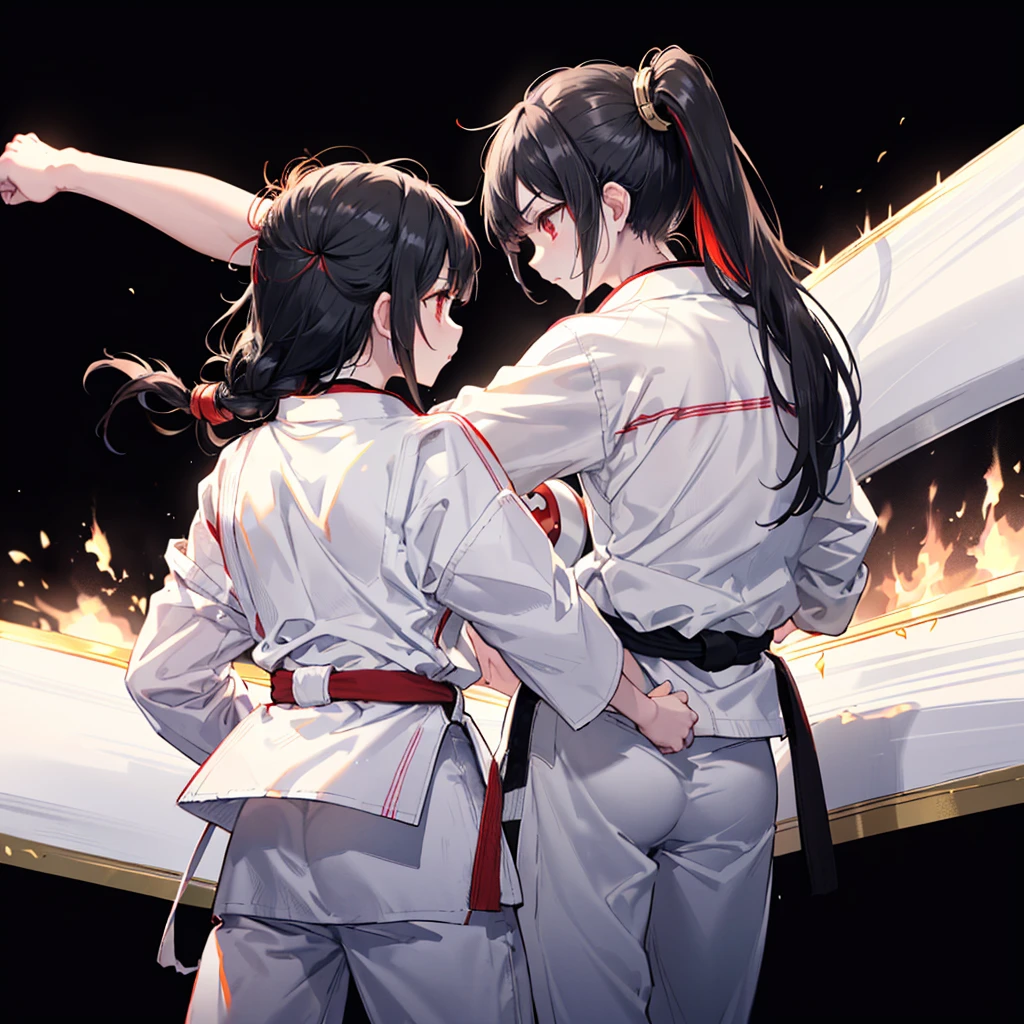 ((((Karate　Black belt　Straight punch))))　(((White Doshi　White trousers　Sweat　Bright red eyes　Black Hair　Long Hair　Tie your hair back　Side view)))　((Aura of Gold))　Shining Edge　Shining Background