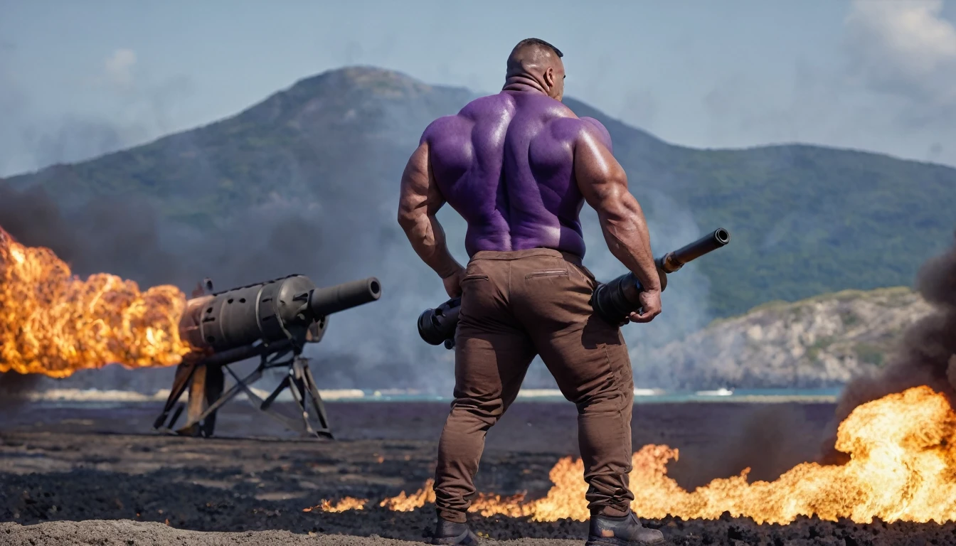 Big muscular brute with purple skin without a T-shirt, in brown pants holding a big bazooka, scene from the back, island flying burning planes, cinematic scene, realistic scene