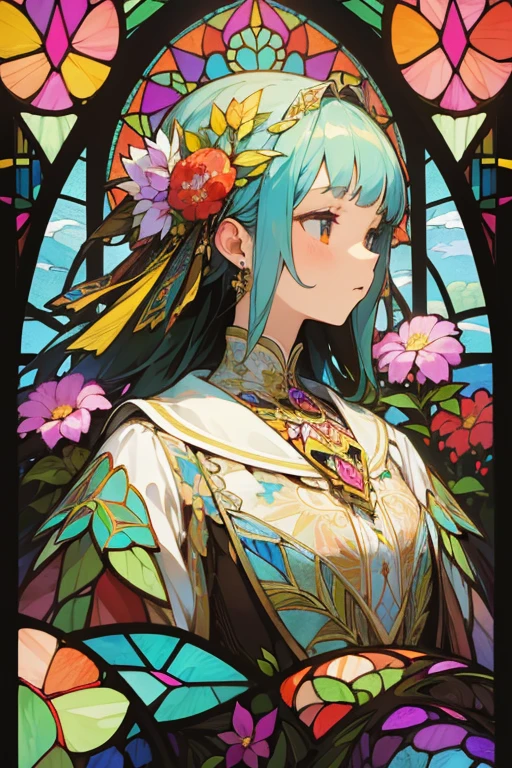 (masterpiece, Highest quality, Highest quality, Official Art, beautifully、beautiful:1.2), (One Girl), Very detailed,(Fractal Art:1.3),colorful,Most detailed,Upper Body, [Race],[jewelry],[flower],[[butterfly]],(flower)、(Fine stained glass)、(
