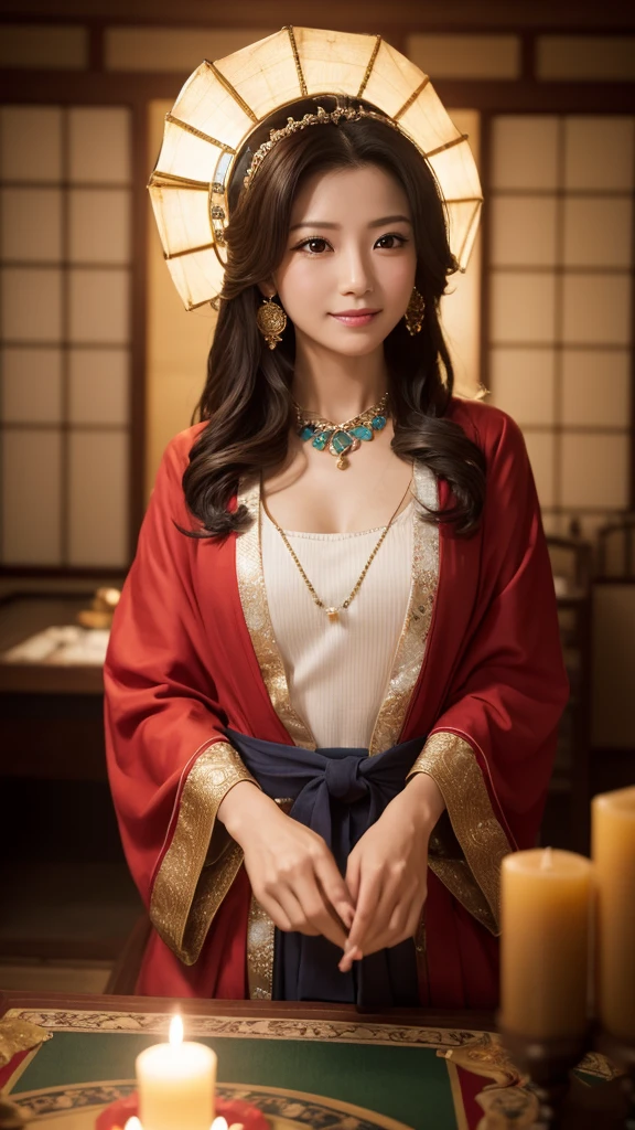 最high quality, masterpiece, there is nothing, 1 female, Age 35, Japanese, Western style fortune teller costume, hair ornaments, necklace, jewelry, Beautiful Face, Gentle smile, On top of that_body, Tyndall effect, Realistic, Fortune Telling Room, Candles on the table, Tarot Cards, Rim Light, Two-tone lighting, (High resolutionの肌:1.2), 8k uhd, Digital SLR, Soft lighting, high quality, Volumetric lighting, Frank, photograph, High resolution, 4K, 8k, Bokeh