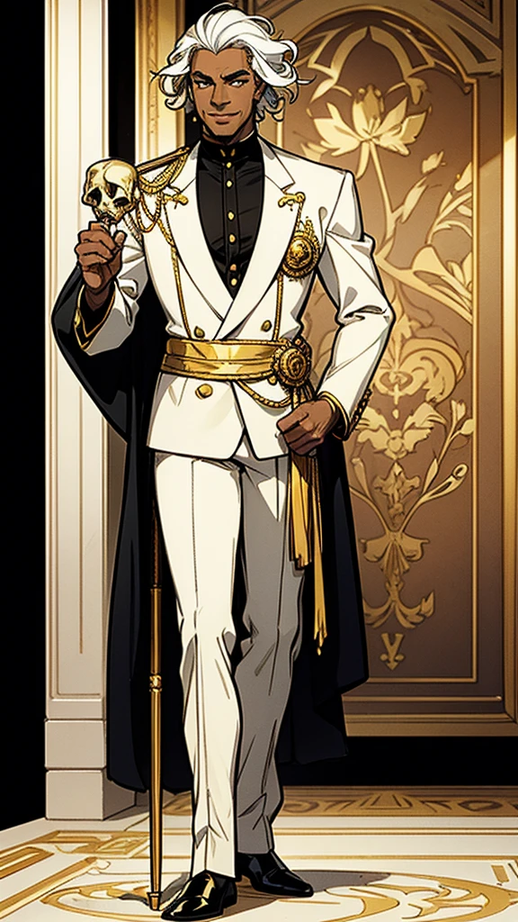 Comic-style art of a black man in his 50s with wavy, long, completely white hair, yellow irises, wearing classic and elegant clothes in white and gold. He uses a white cane decorated with gold and which has a bird skull on the tip, which is also made of gold. This man is a little thin, has wrinkles but not many, wears a lot of gold accessories, He is almost always smiling and is of Italian origin. He is a fashion designer and is based on the creator of Versace