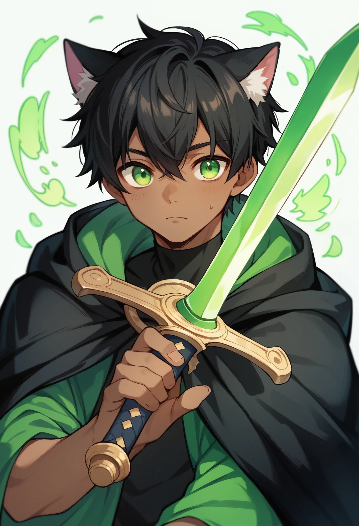 anime boy wearing a black cloak with green energy around him, black hair, green eyes, holding a sword, 4k, dark skin, anime, black cat ears, cute 