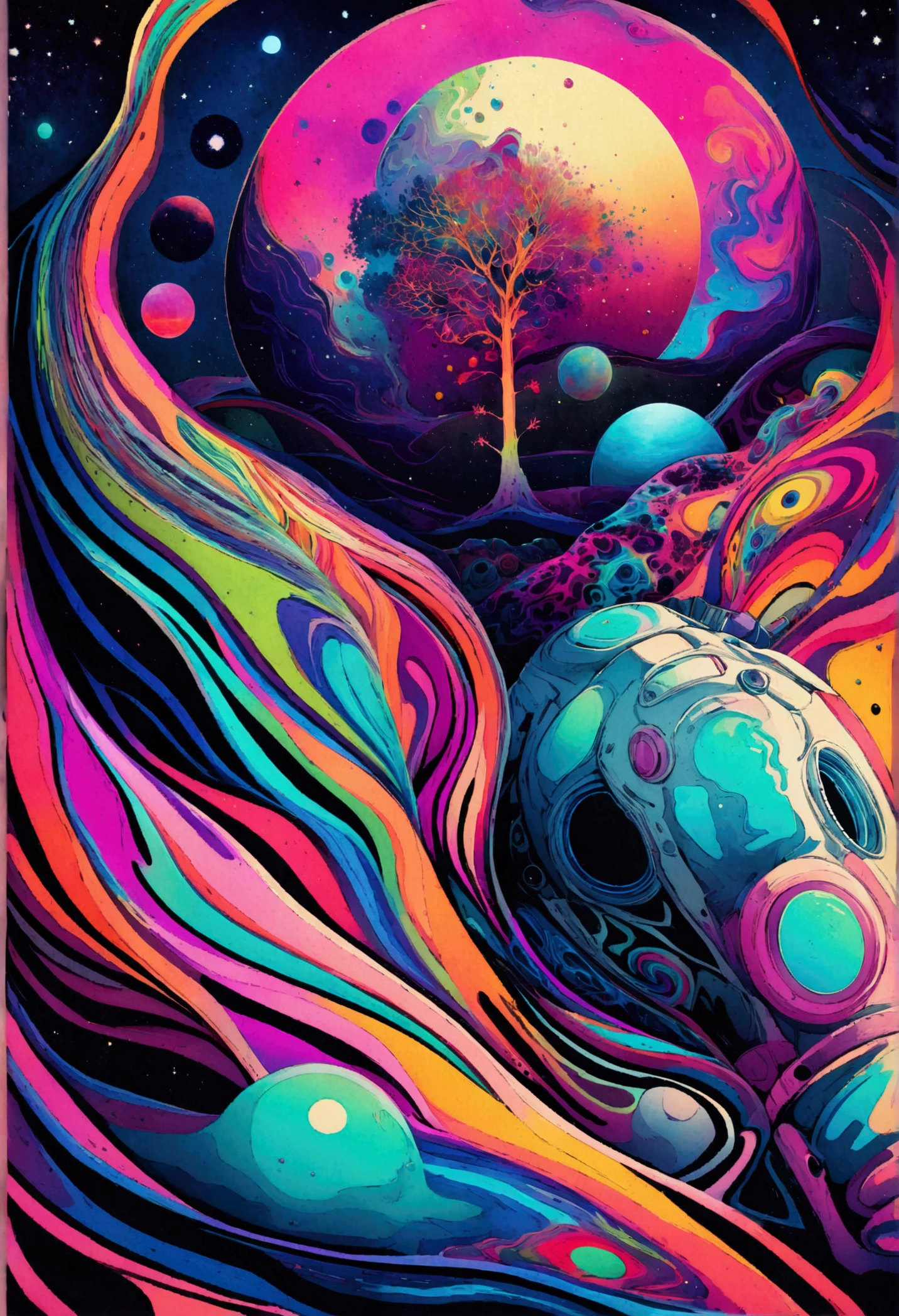 HD detail, Close-up of a man in a spacesuit, planet on background, Psychedelic Cosmic Horror, psychedelic illustration, outer space, plant growth, psychotic universe, Background Space Graphic Art, Cosmic painting, outer space, Space LSD Poster Art, DMT space behind, Space Scenes, surreal space, space style