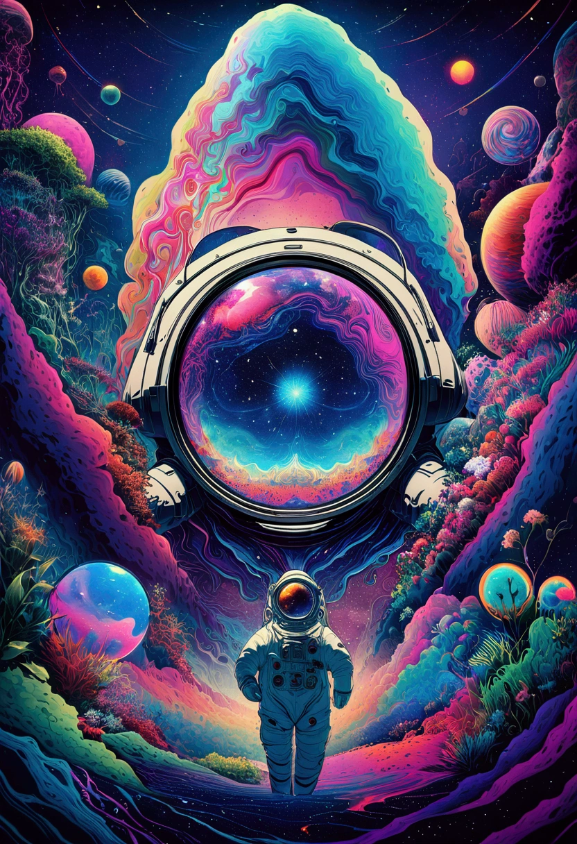 HD detail, Close-up of a man in a spacesuit, planet on background, Psychedelic Cosmic Horror, psychedelic illustration, outer space, plant growth, psychotic universe, Background Space Graphic Art, Cosmic painting, outer space, Space LSD Poster Art, DMT space behind, Space Scenes, surreal space, space style