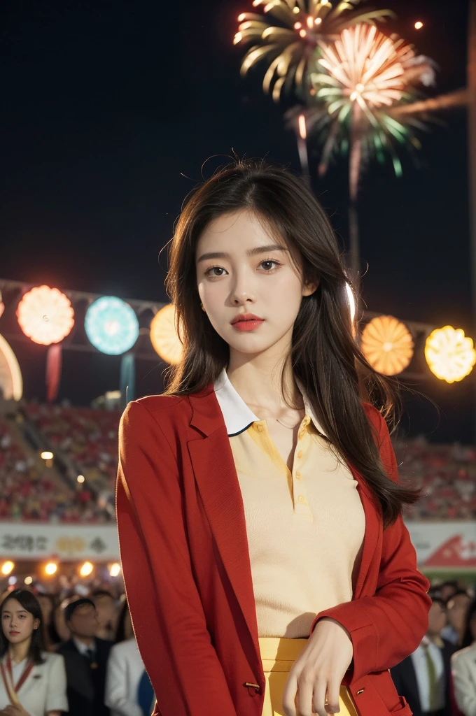 (((best quality))),(((ultra detailed))),(((masterpiece))),illustration, ((Olympic Opening Ceremony,in Paris,summer night,magnificent National stadium of France,Olympic flame, fireworks)),(crowded crowds of enthusiastic spectators:1.3),((a beautiful Chinese girl,solo)),((shoulder length straight hair:1.2)),((slim,thin)),((small breasts,flat chest)),(red polo blazer:1.5),(yellow skirt:1.2),(slender legs:1.2),excited expression, awe, celebrating, electric atmosphere, sense of pride, excitement, playing field, crowd energy, unity, camaraderie, representing China, historic event, memorable moment,((from front,upper body))