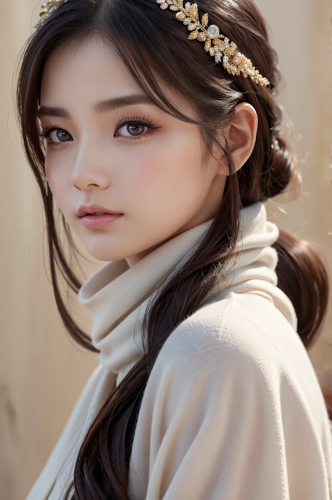masterpiece、Highest quality、8k、ponytail、Attractive beautiful large almond-shaped eyes、Big black eyes、Long eyelashes、美しい桜colorの唇、A high, well-defined nose、color々Hairstyle、美しく輝くcolor々な髪color、((Realistic:1.3))、Cinematic lighting、Challenging eyes、Bold composition、Detailed face on the market、Detailed、Golden Ratio Face、Ultra-high resolution、Beautifully detailed and realistic white skin、Beautiful woman looking back、Scarf wrapped around head