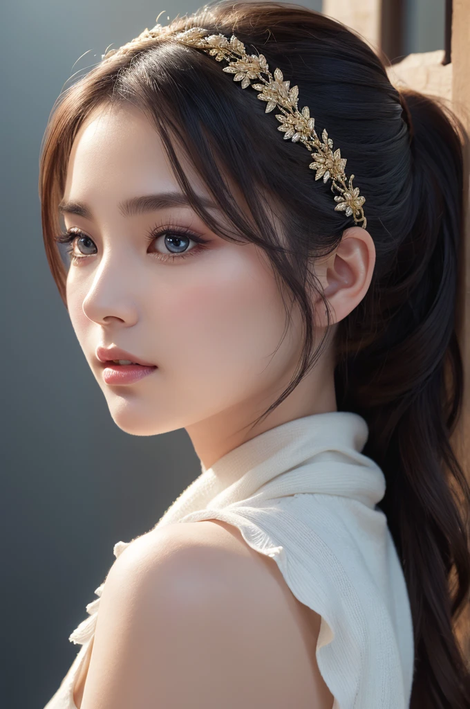 masterpiece、Highest quality、8k、ponytail、Attractive beautiful large almond-shaped eyes、Big black eyes、Long eyelashes、美しい桜colorの唇、A high, well-defined nose、color々Hairstyle、美しく輝くcolor々な髪color、((Realistic:1.3))、Cinematic lighting、Challenging eyes、Bold composition、Detailed face on the market、Detailed、Golden Ratio Face、Ultra-high resolution、Beautifully detailed and realistic white skin、Beautiful woman looking back、Scarf wrapped around head