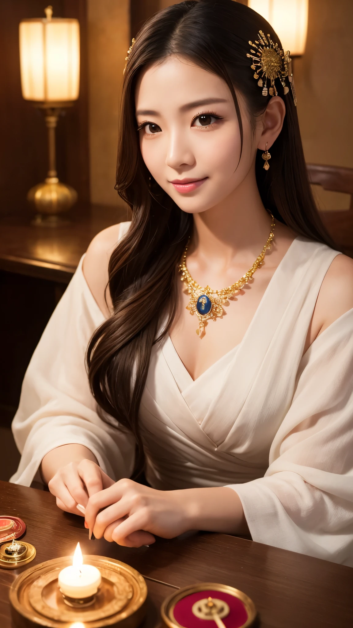 最high quality, masterpiece, there is nothing, 1 female, Age 35, Japanese, Western style fortune teller costume, hair ornaments, necklace, jewelry, Beautiful Face, Gentle smile, On top of that_body, Tyndall effect, Realistic, Fortune Telling Room, Candles on the table, Tarot Cards, Rim Light, Two-tone lighting, (High resolutionの肌:1.2), 8k uhd, Digital SLR, Soft lighting, high quality, Volumetric lighting, Frank, photograph, High resolution, 4K, 8k, Bokeh