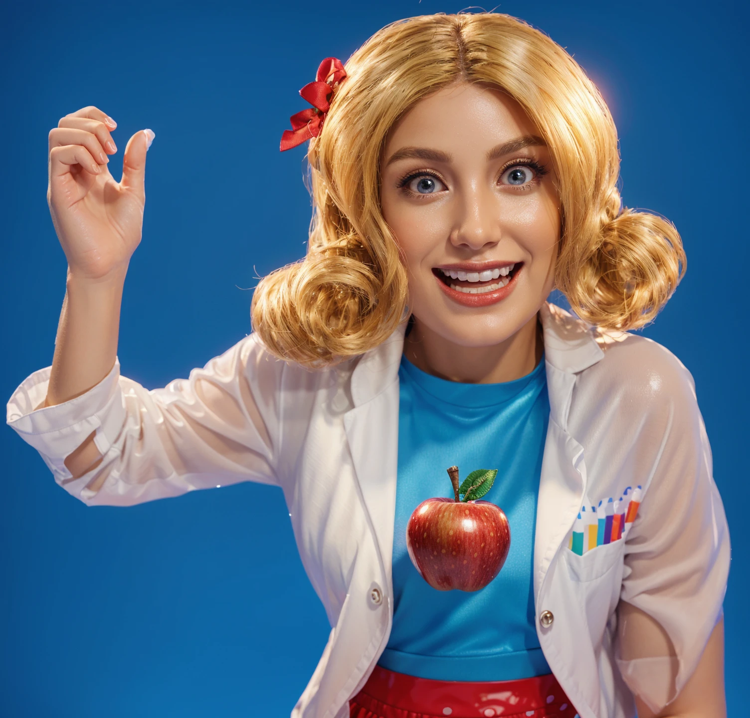 The image features a cheerful woman with blonde curly hair wearing a blue jacket and a red apple on her chest,red bow on her hairstyle, standing in front of a blue background, smooth 3d model, glossy plastic texture, multiple light sources, rim light, sharp post effects render, most beautiful vfx, , realistic, 4k, high resolution, rim light, smooth 3d model. , glossy texture, smooth 3d model, multiple light sources, rim light, sharp post effects render, (glossy plastic texture with multiple big light probe refractions), perfect cgi, reflective, best quality, 4k, masterpiece:1.2, ultra-detailed, realistic, vivid colors, The image of the highest quality, ensuring every detail showcased perfectly. It in 4k resolution, allowing viewers to immerse themselves in the richness of the colors and intricate details. The realistic rendering. under the spotlight, reflecting, high-resolution image, realistic rendering
