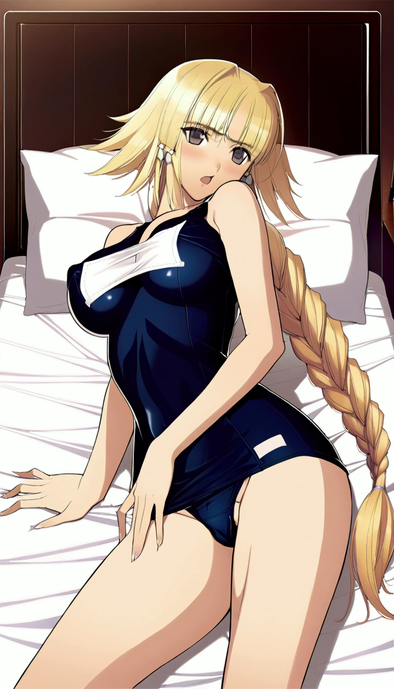 ((nsfw:1.3)),{{Masterpiece 1.3}},{Detailed and beautiful drawing 1.2},Official Art,Beautiful adult woman,Jannu d'Arc,Long blonde braids,Erotic Seduction:1.2,School Swimsuit,Embarrassing,On the bed