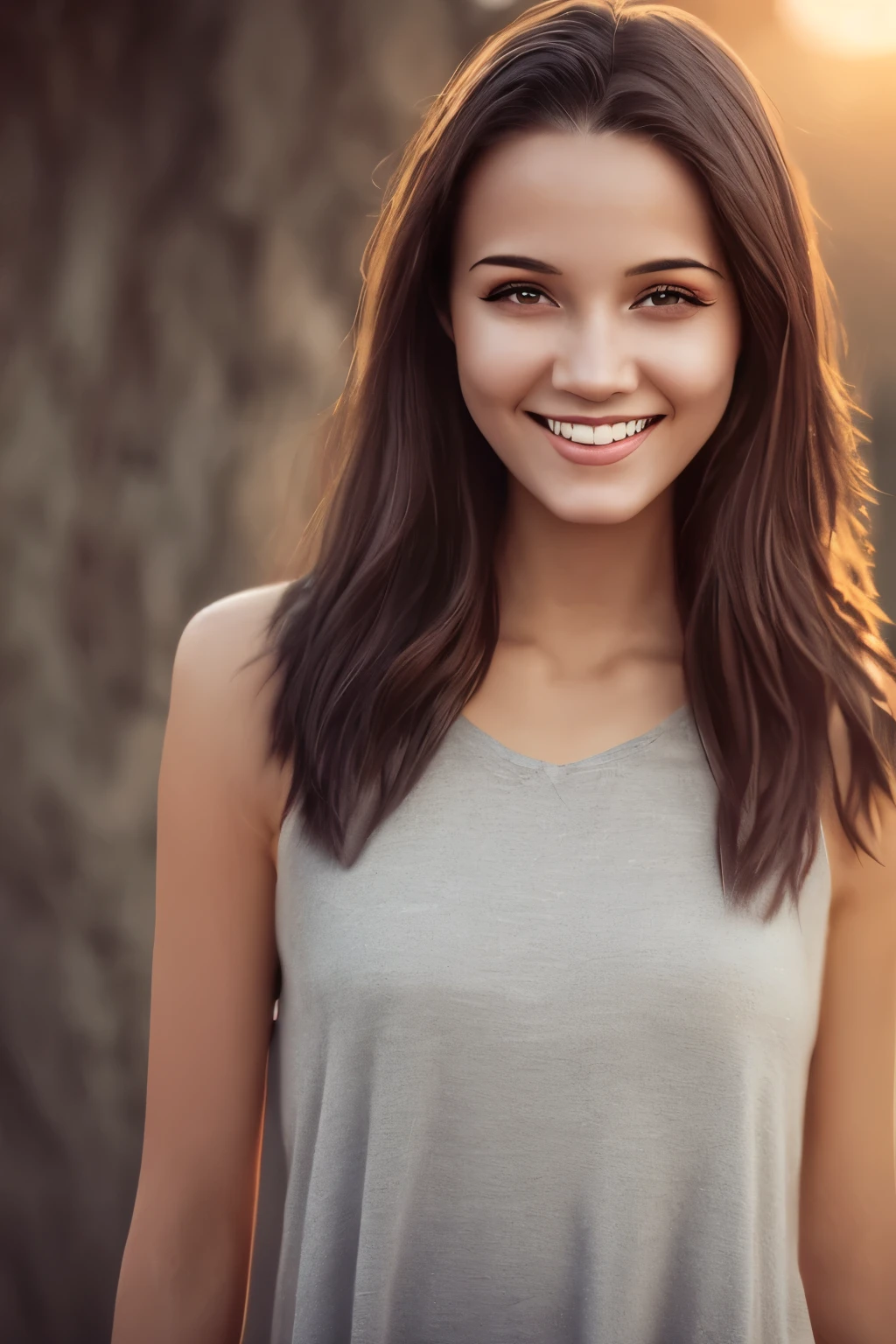 realistic photograph, 1woman, 23-year-old, light eyes and shoulder-length brown hair, illuminated by the dawn light, shy smile, while she looks at the camera with an innocent look, high quality, high details, an extremely beautiful, 