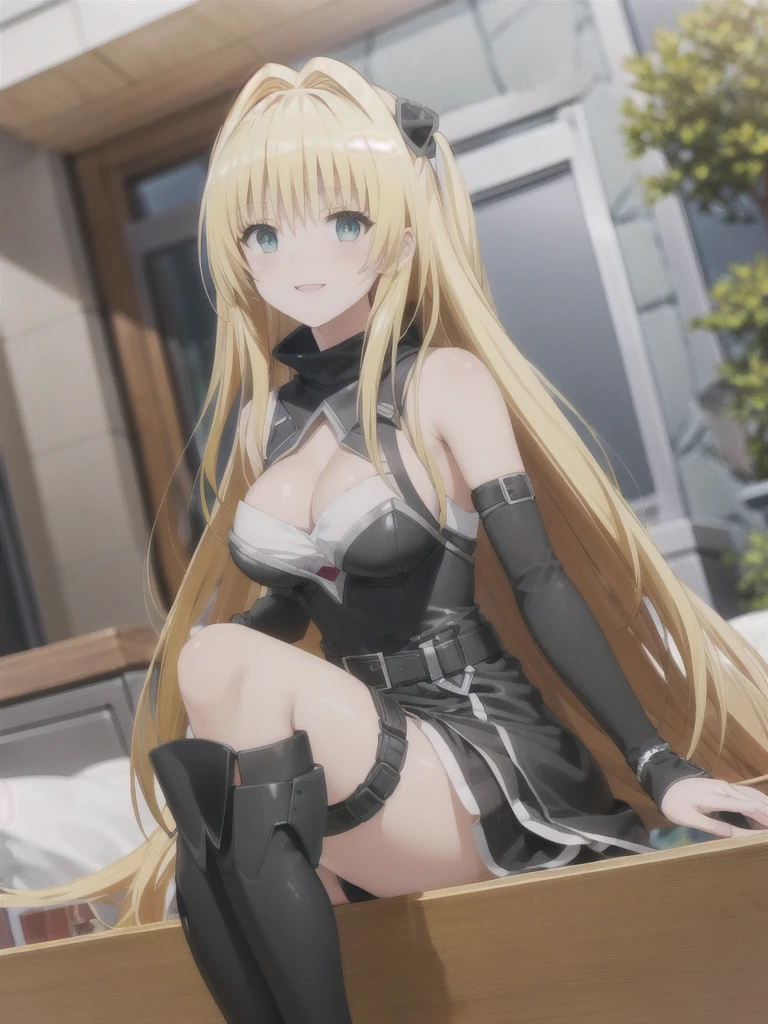 mansion bedroom, In the middle of the night, Moonlight, Sitting on the bed, (masterpiece:1.4), (Highest quality:1.4), Realistic, One girl, konjiki_phi_mine, Golden Hair, Very long hair, Both sides up, hair ornaments, Exposing shoulders, Black Dress, Clothing cutouts, Removable sleeves, belt, Thigh straps, smile, Swayback stance:1.5, armpit:1.6, Open your mouth, Outdoor, unity 8k wallpaper, (figure:0.8), (Beautiful attention to detail:1.6), Highly detailed face, Highly detailed CG, (3D Face:1.1), (Shiny skin:1.5), (Ultra-high resolution intricate face details), (Facial skin pores:1.3), Ultra high resolution cloth texture, (Canon EOS-1D X Mark III camera for outstanding detail:1.2), (Combined with Canon EF24-70mm f/2.8L II USM Lens:1.2), Huge breasts