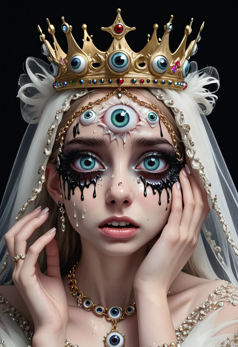 Grotesque Aesthetics：Girl with extra eyes，Tears，There are many eyeballs growing on the skin of the face，Eyeball Necklace，Eyeball Crown，Realistic eyeballs，teeth，Distorted face， Solitary，black background，crown，veil，Hands on your face，3D eyeball necklace，
