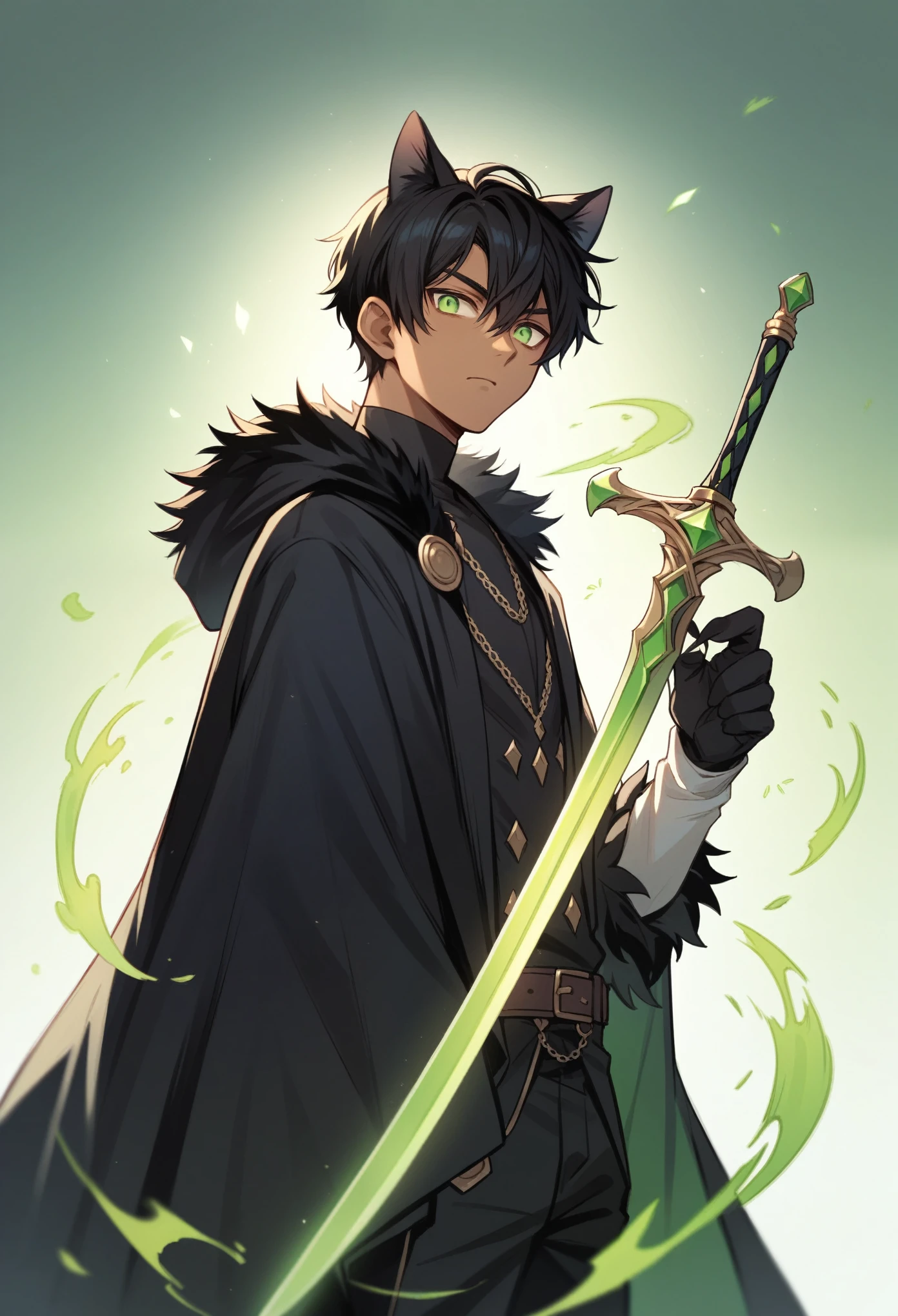 anime boy wearing a black cloak with green energy around him, black hair, green eyes, holding a sword, 4k, anime, black cat ears, dark skin