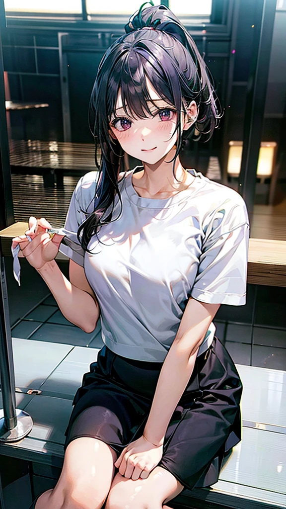 purple、sit、station、White shirt、Black Skirt、School、Group photo、:1.5,ponytail、Harem、panty drop