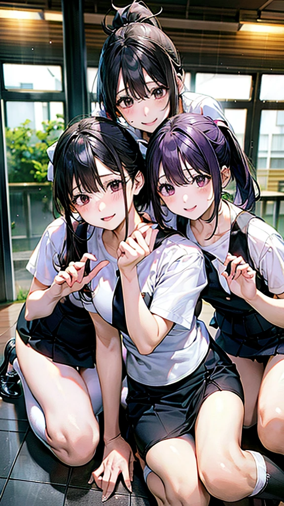 purple、sit、station、White shirt、Black Skirt、School、Group photo、:1.5,ponytail、Harem、panty drop