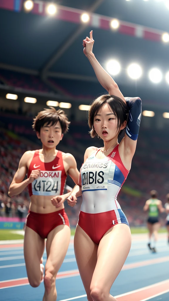 It depicts a close race just before the finish line at the Olympic Games.。