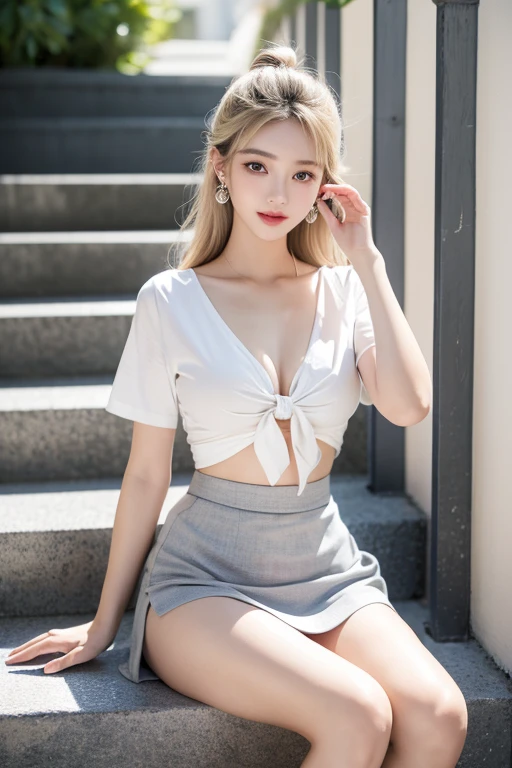 Grey Eyes, Korean , Summer Shirts, Ribbon tie, skirt, Light Blonde, School stairs, lower School stairs, Breast lift, Poses that exaggerate the chest, 8K original image, High resolution, 16 year old Korean cool, Very large round breasts, Beautiful eye details, Long eyelashes, Beautiful double eyelids, eye shadow, eyeliner, Narrow eyes, Narrow eyes, Narrow eyes, Elongated eye shape, Three white eyes, Wicked Smile, Performance, Beautiful slim legs, Beautiful and thin thighs, Random Hits, Tie your hair back, Earrings