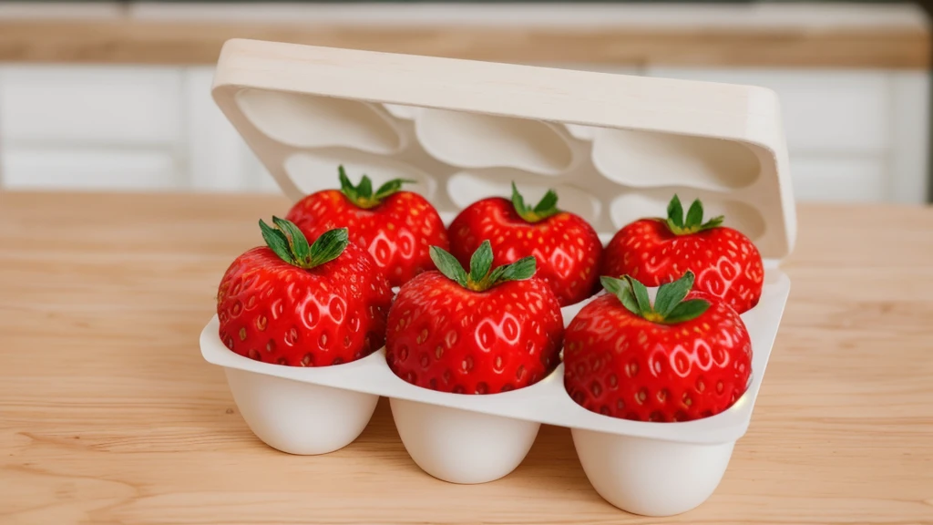 on a wooden table, in a paper egg tray, there are 6 strawberries instead of eggs, strawberries in an egg tray, realistic texture, realistic style, detailed texture, high quality, high resolution, high quality rendering, realistic photo, brightning light, macro photo