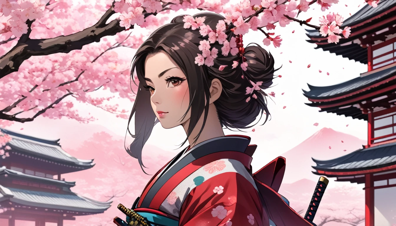 Female samurai,Background is cherry blossoms and a Japanese temple、