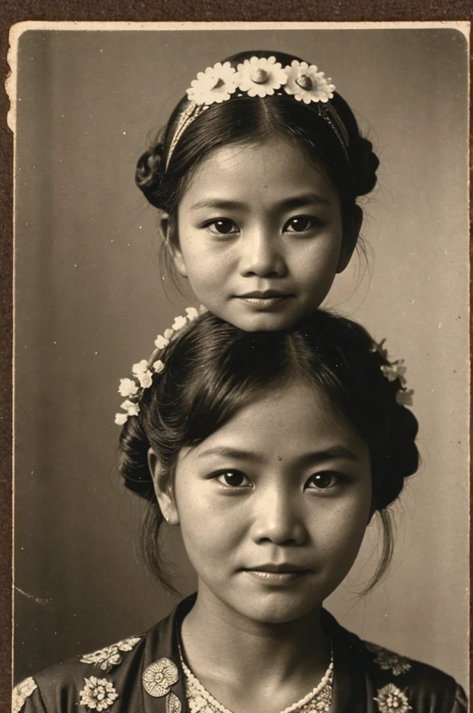 old photo of an Indonesian woman wearing a kebaya and bun old photo, disfigured photo from the 1900s, face in focus 1 0, vintage closeup photo, location unknown, very old photo, photo 1 8 8 0, photo of young woman, kebaya photo, photo of a woman