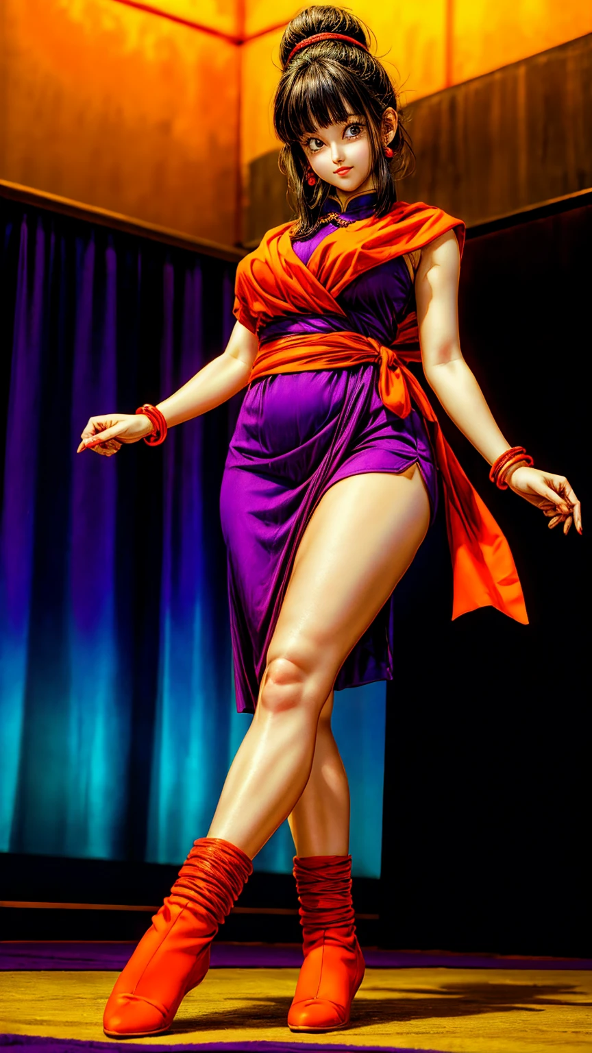 masterpiece, best quality, highest quality, perfect anatomy, perfect face, perfect eyes,
1girl, dbzch1ch1, sidelocks, bangs, single hair bun, hair bun, (black eyes), orange pashmina wrap, red sphere earrings , red wristbands, purple cheongsam, sexy pose, sexy legs, large breasts, thick thighs, curvy hips