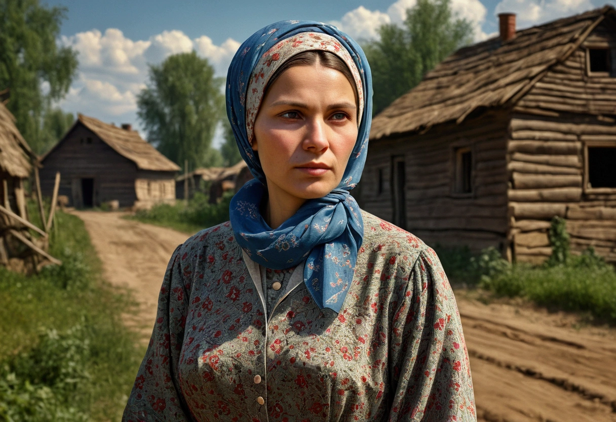 Village woman, post-war years, a woman in an old dress and headscarf, an adult woman, USSR, village, masterpiece, Best quality, official art, 8k wallpaper, Very detailed, illustration