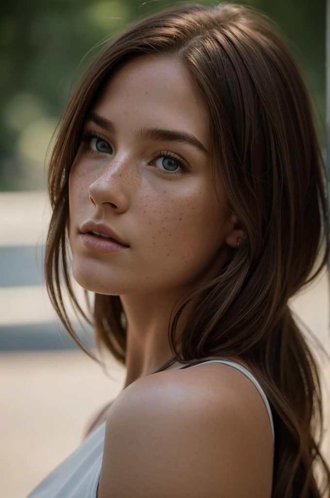 beautiful young American woman of 21 years old, Brown hair, with freckles, yeux verts, whole body, submitted, menotte, in profile, full body, nice face, masterpiece, best quality, Ultra detailed, 独奏, shadows, sharp contrast, cinematic light, side lighting, ultra haute résolution, best shadow, RAW, 4K, 85 mm, shallow depth of field, Kodak Vision Color, extremely detailed, Cinematographer_(ultra\), Photorealistic, Realstic, Post-traitement, maximum details, Vista, real life, ultra realistic, photorealism, Cinematographer, 8K UHD, cinematographer