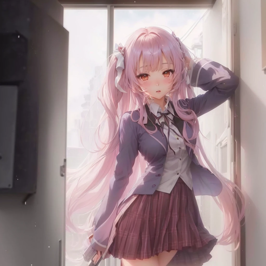 窓の前に立っているピンクの髪と紫色のジャケットを着たAnime Girls, かわいいAnime Girls, Soft anime illustration, Anime Art Wallpapers 8K, Anime Style 4k, 長い髪のAnime Girls, Anime Moe Art Style, Smooth anime CG art, Anime Girls, anime art wallpaper 4k, anime art wallpaper 4k, 若いAnime Girls, Beautiful anime school girl