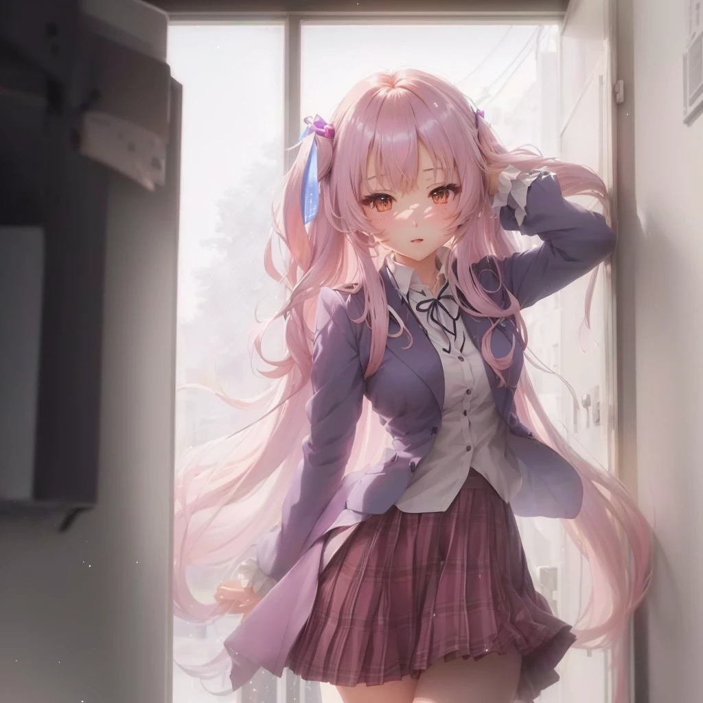 窓の前に立っているピンクの髪と紫色のジャケットを着たAnime Girls, かわいいAnime Girls, Soft anime illustration, Anime Art Wallpapers 8K, Anime Style 4k, 長い髪のAnime Girls, Anime Moe Art Style, Smooth anime CG art, Anime Girls, anime art wallpaper 4k, anime art wallpaper 4k, 若いAnime Girls, Beautiful anime school girl