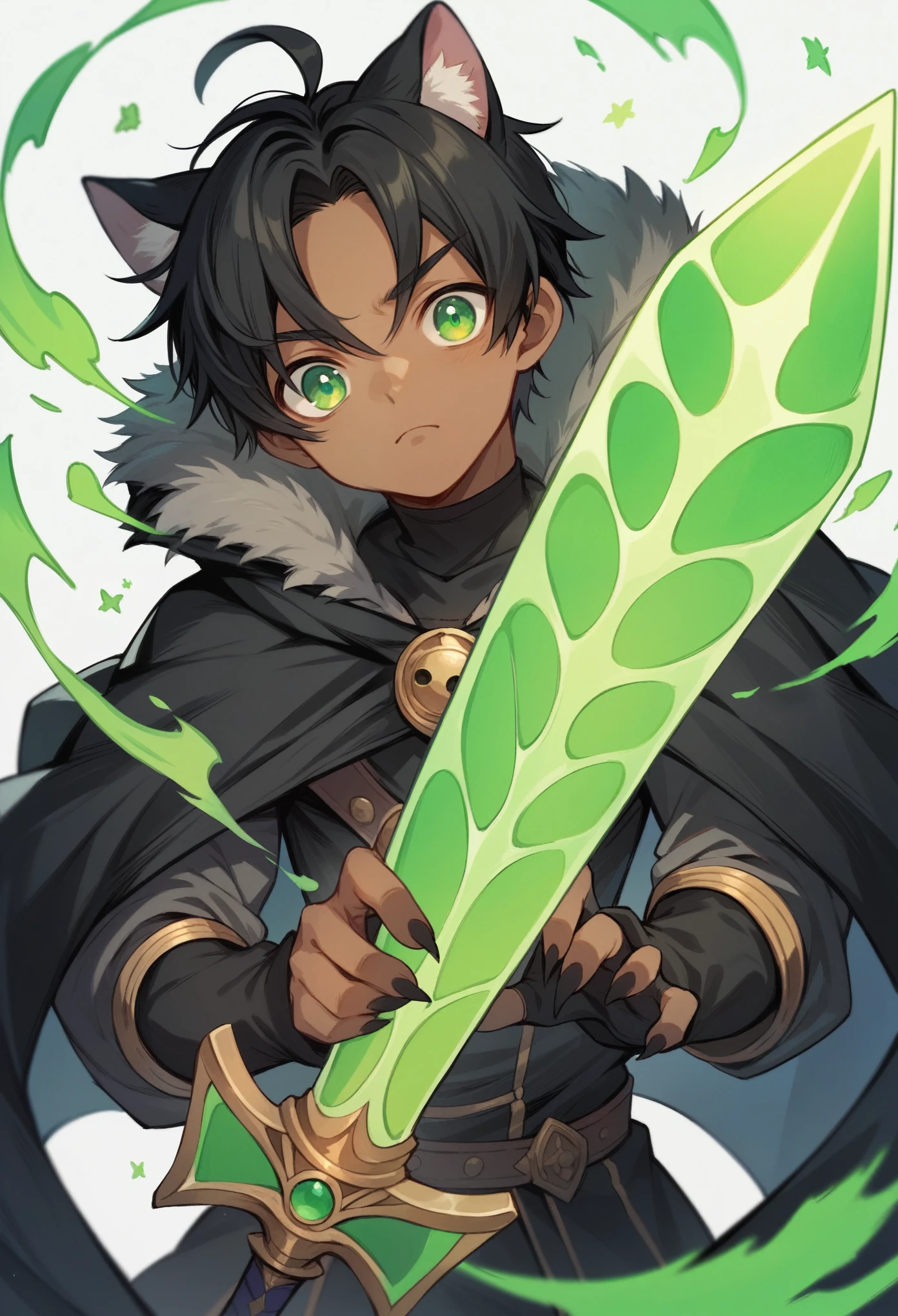 anime boy wearing a black cloak with green energy around him, black hair, green eyes, holding a sword, 4k, dark skin, anime, black cat ears, cute
