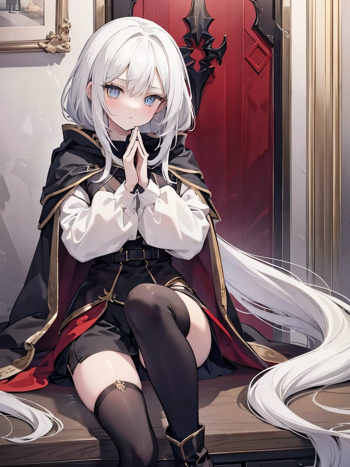 White hair,Waist-length hair,beautiful girl,No Expression,whole body,Height 145 cm,Black shawl cloak,A cloak that covers the body,Different world,HD,8K,detail,whole body,Over the knee socks,Knee socks,Black Silk,Red vest,Black shorts,Ankle boots,No background,With hands,Normal hand,Cute eyes,Normal hands