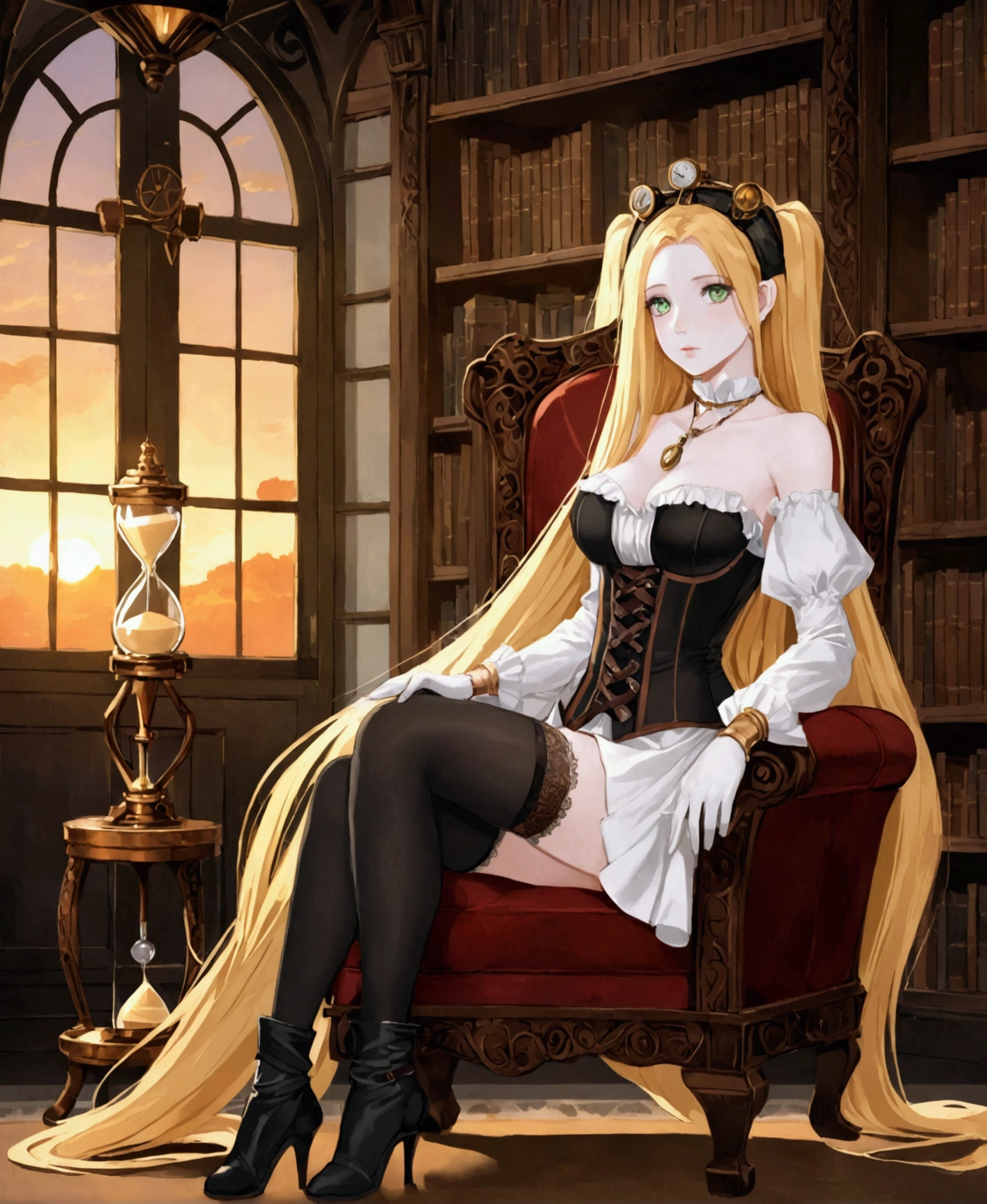 In a large mansion, in a steampunk world, in a sunset, sitting on a chair crossing her legs, in a library, fireplace in the background, nostalgic, looking out the window at the horizon, a beautiful 18 year old woman, /(White skin, extremely long golden blond hair lasio, (White skin, extremely long golden golden blonde hair, lassie hair, locks over left eye, green eyes,), /(Hourglass body, medium hips, medium waist, shapely legs, large chest, small hands, slender fingers, Greek nose, almond eyes,), (Victorian style clothing: black blouse, corset covering entire torso fastened with threads, short skirt with gray pleats and back pigtail, knee-high stockings, black knee-high boots, bow on head, gloves, necklace, bracelets on wrists,),